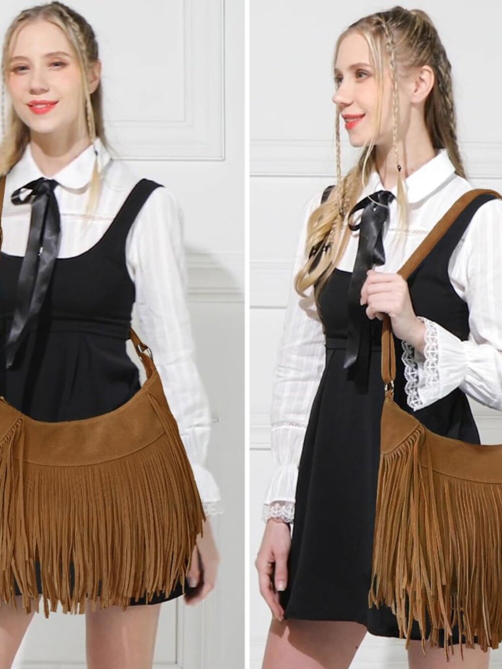 Women Fringe Hobo Bag Western Purse Shoulder Bag Vegan Suede Tassel Hippie Cross - Picture 2 of 6